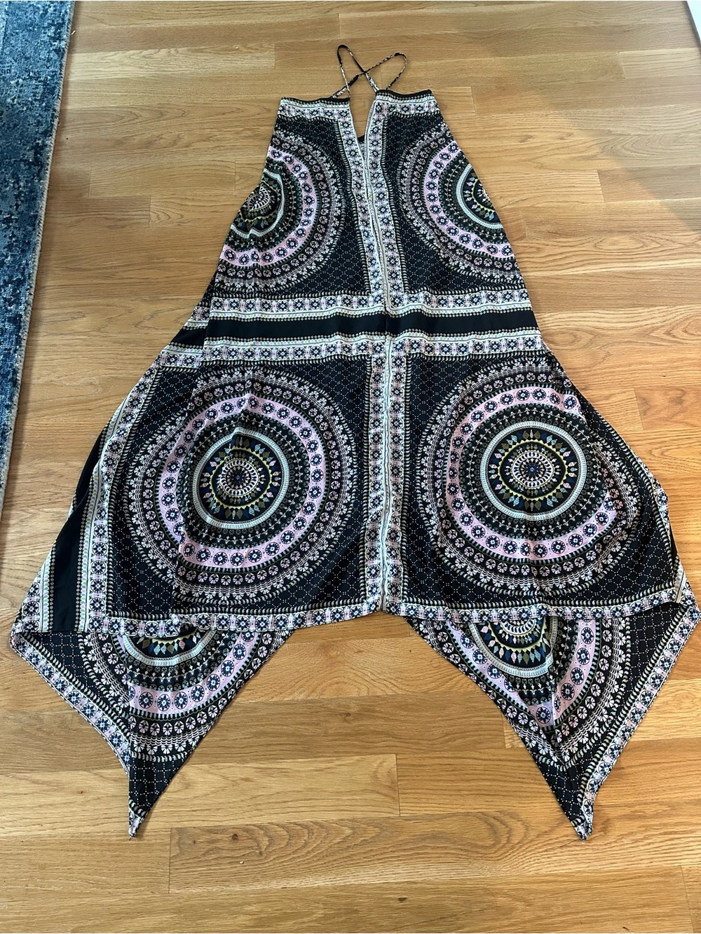 Boho Circular Print Halter High-Low Dress in Black and Pink, Y2K